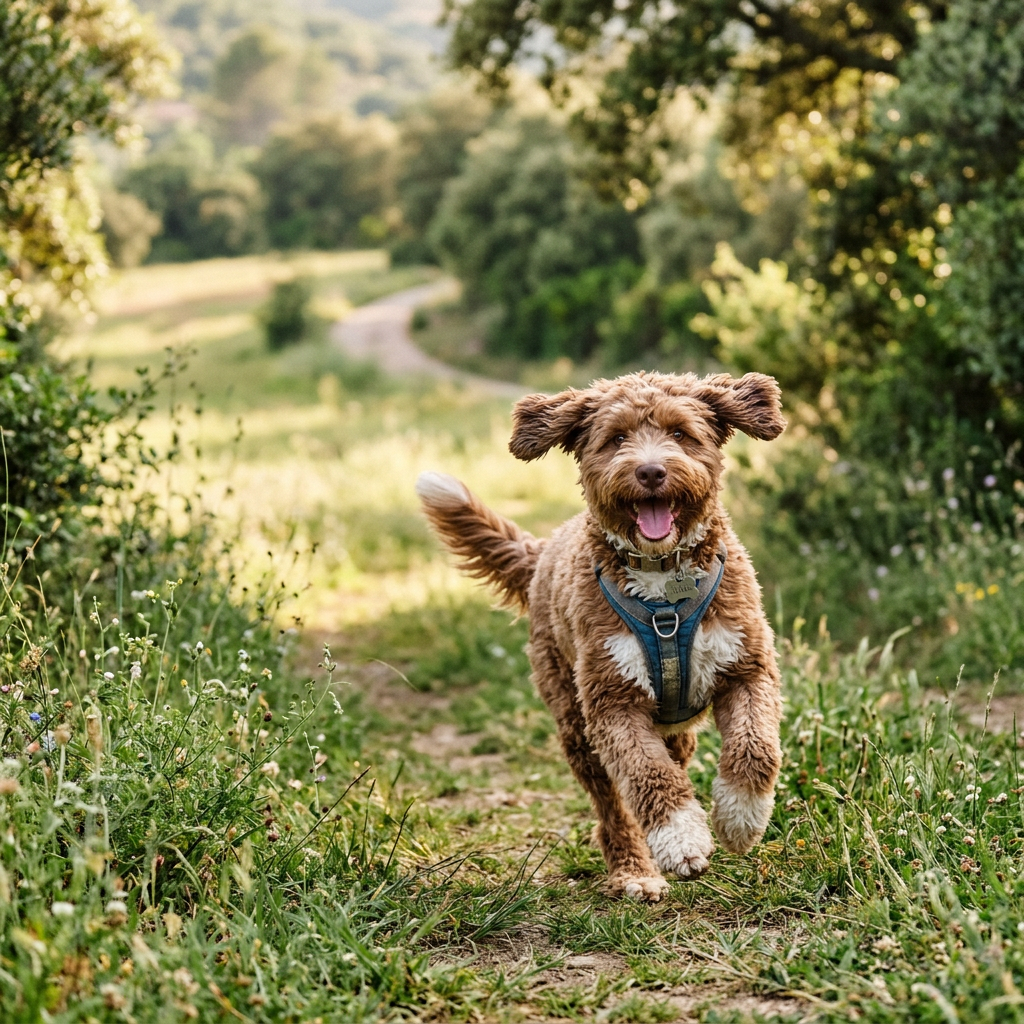 Brown fluffy dog running on a dirt path surrounded by greenery