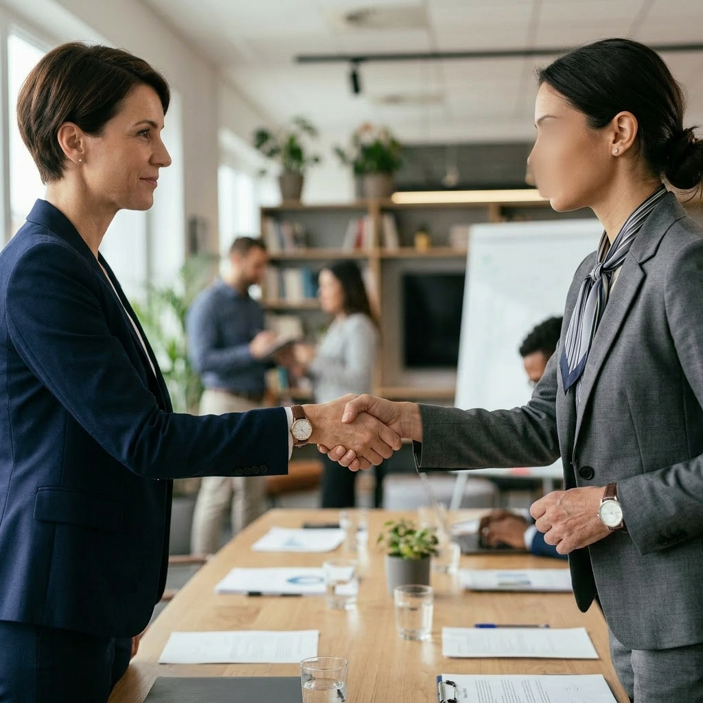 Two businessmen smiling and shaking hands in an office meeting room
